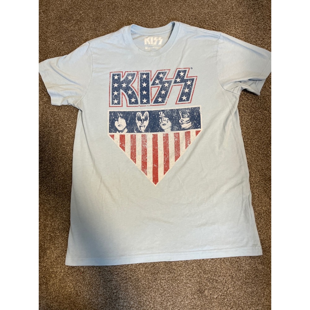 Kiss Band Members Graphic T Shirt Light Blue Crew Neck Short Sleeve Mens Medium